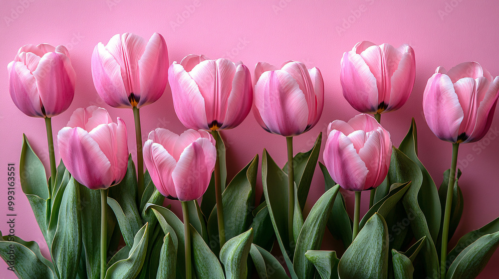 Pink tulips resting against a soft pastel pink background, capturing a serene and minimalist aesthetic. Ideal for a tranquil, spring-themed design. Pink tulips resting against a soft pastel pink background, capturing a serene and minimalist aesthetic. Ideal for a tranquil, spring-themed design.