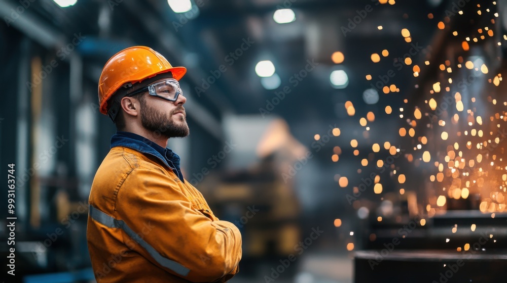 Industrial Worker in Gear amidst Machinery Sparks Industrial Worker in Gear amidst Machinery Sparks