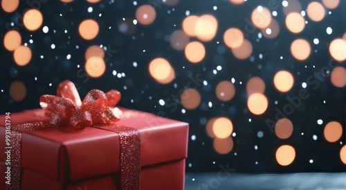 A beautifully wrapped red gift box with a glittery ribbon set against a blurred bokeh background