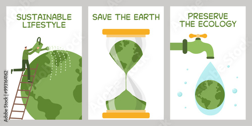 Collection of posters with concept of environmental protection. Save the Earth, plants, forests. Preserve ecology of the planet. Eco-friendly. Sustainable lifestyle. Natural resources. Green energy.