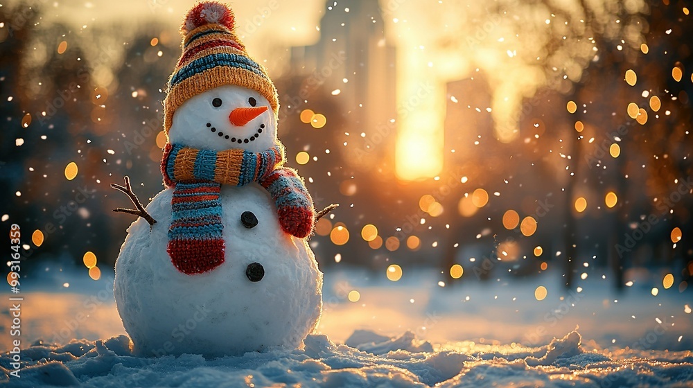 Obraz premium A snowman with a knitted hat and scarf stands in the snow, facing a cityscape