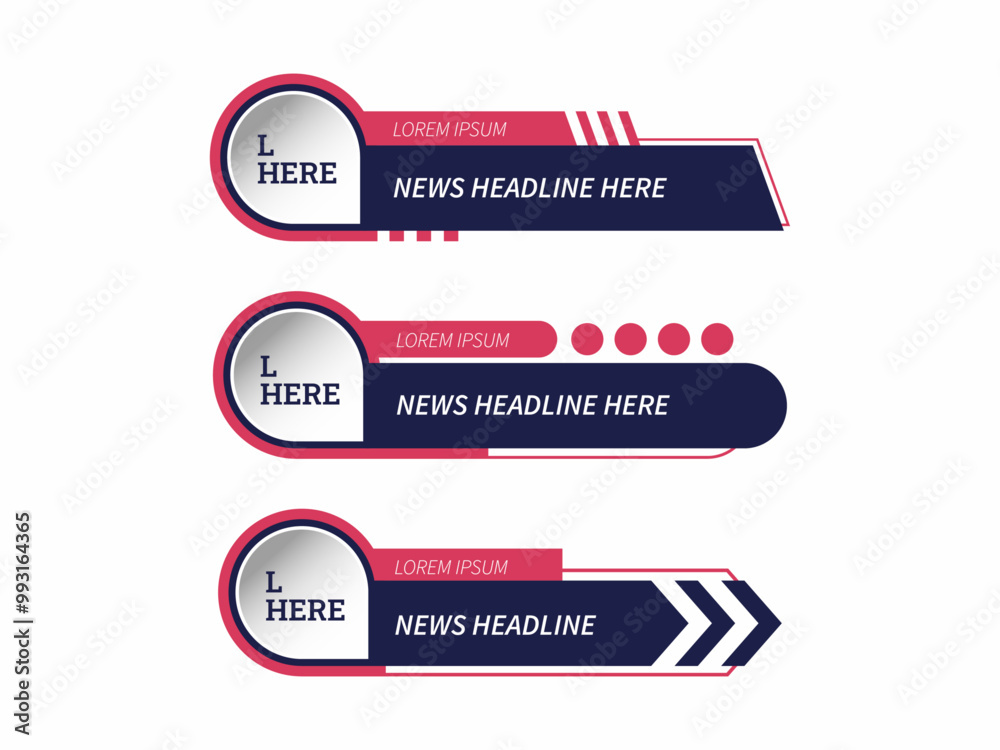 Vector lower third or television news bar design template, with dark blue, and red colors, isolated on white background