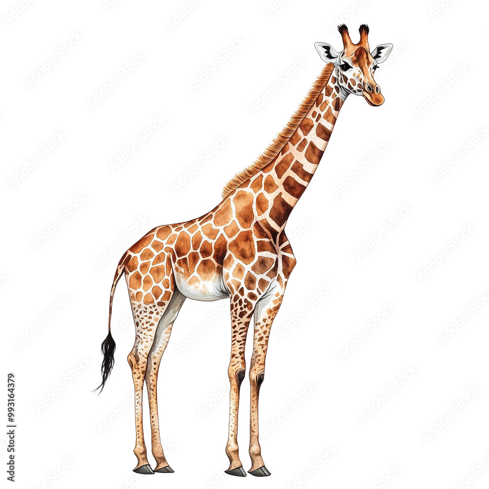 Fototapeta premium A detailed illustration of a standing giraffe with distinctive patterns and long neck, set against a white isolated background for optimal focus.
