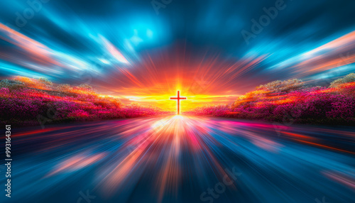 Cross glowing in radiant light breaking through dramatic clouds with heavenly atmosphere