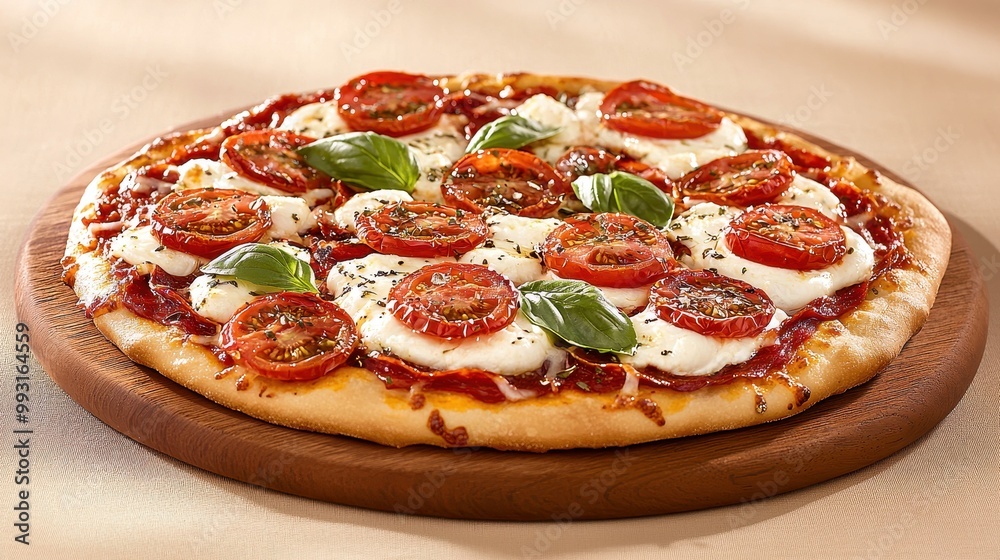 Delicious pizza topped with fresh tomatoes and basil on a wooden board. Delicious pizza topped with fresh tomatoes and basil on a wooden board.