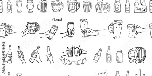 Seamless pattern of beer, glasses of beer, bottle of beer in hand, glass in hand, mug with beer, barrel. Cheers. Great for bar menu design, packaging, pub. Hand drawn. Doodle style