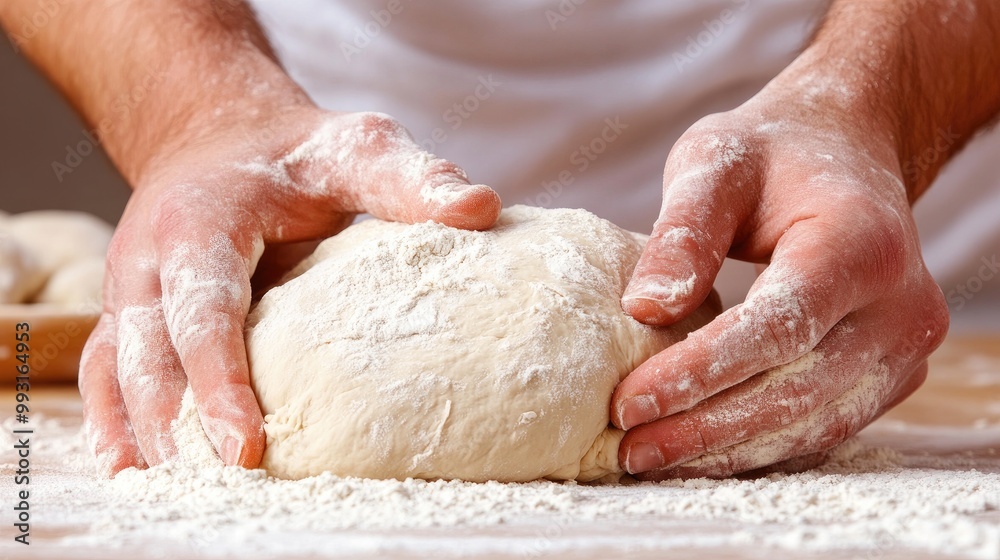 Hands Kneading Dough on a Floury Surface Hands Kneading Dough on a Floury Surface