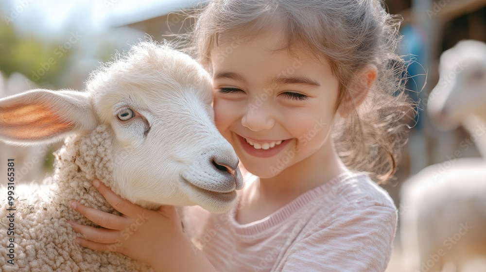 Child Smiling with Sheep on a Farm