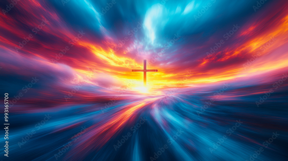 Cross glowing in radiant light breaking through dramatic clouds with heavenly atmosphere Cross glowing in radiant light breaking through dramatic clouds with heavenly atmosphere
