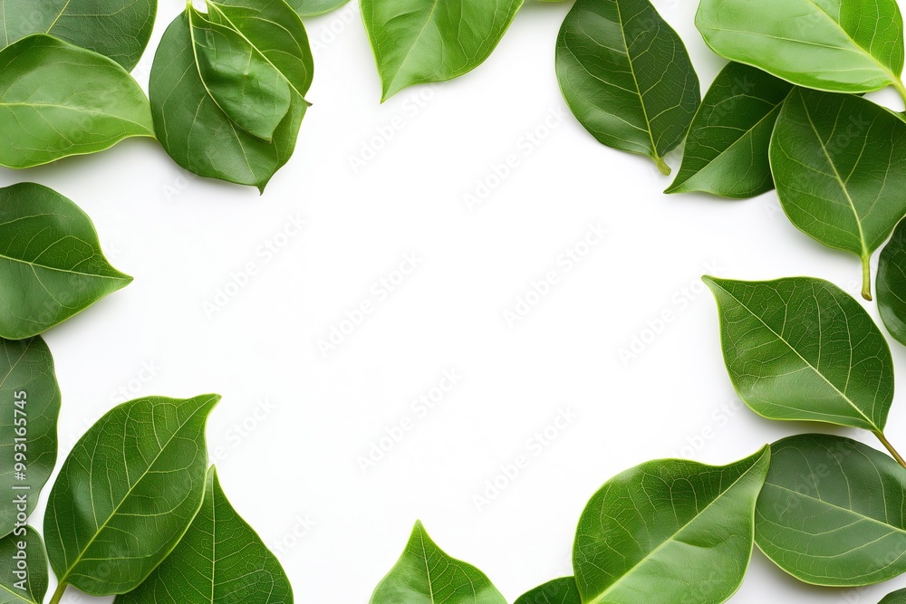 Fototapeta premium Green leaves frame on white background. Flat lay, top view.