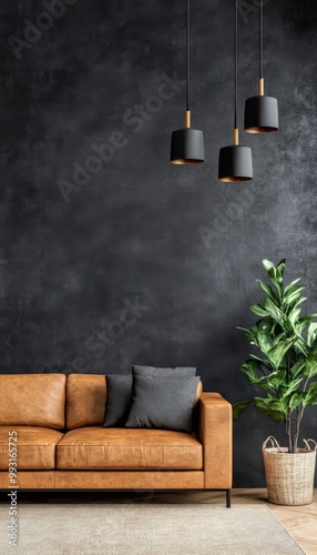 Cozy living room with modern lighting and green plant against dark wall backdrop