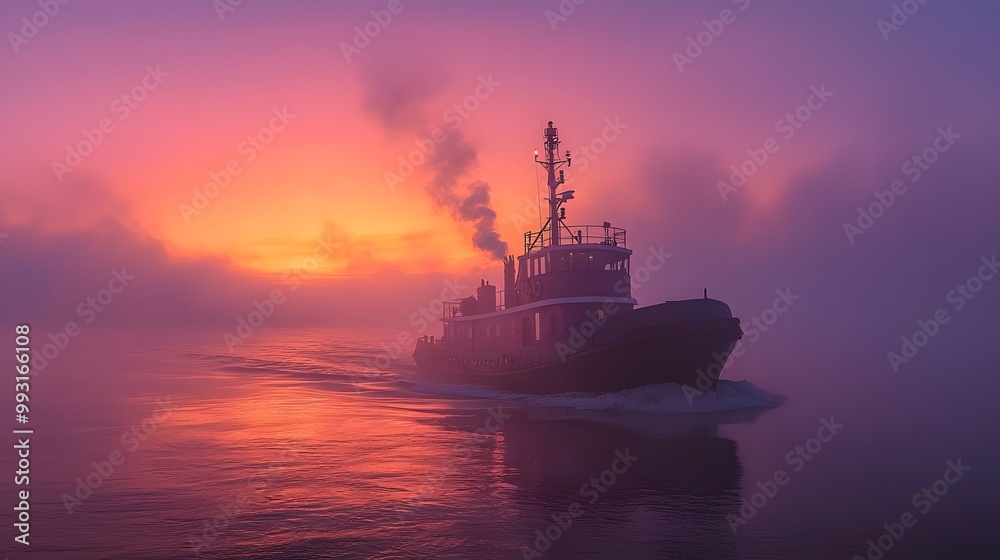 A tugboat navigating through a colorful foggy sunset.