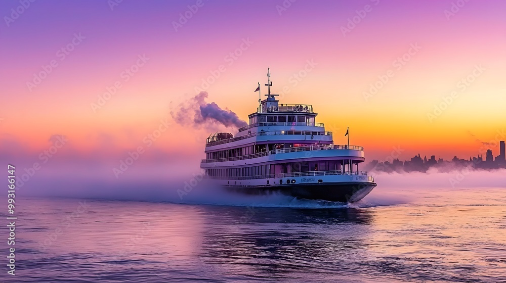 Fototapeta premium A majestic boat gliding through misty waters at sunrise, casting a serene atmosphere.