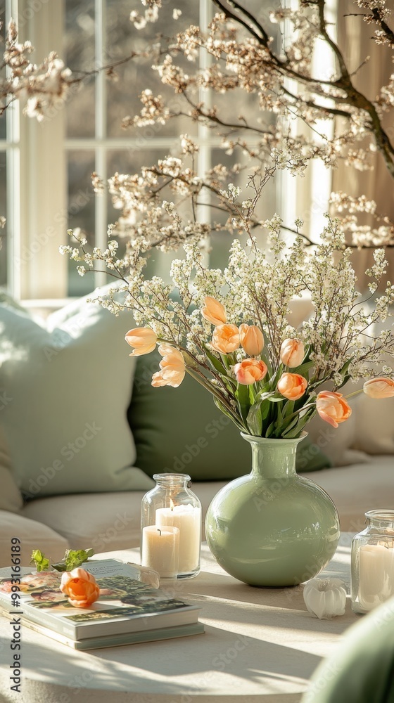 A serene living space with a vase of flowers, candles, and soft cushions. A serene living space with a vase of flowers, candles, and soft cushions.
