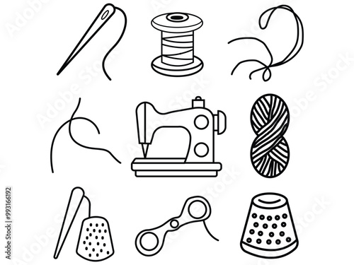 Sewing Tools Line Icons Set  Needle, Thread, and Sewing Machine