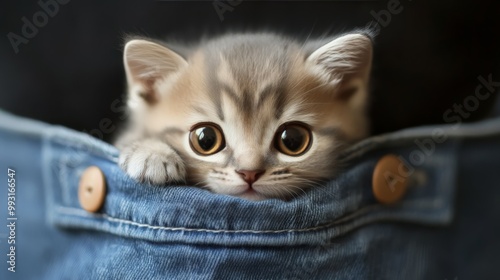 Adorable kitten with big eyes peeking out of blue denim pocket. Cute pet photo perfect for animal-themed projects or awww-inspiring moments. photo