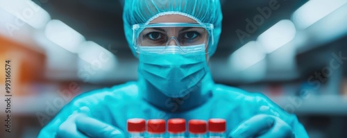 Scientist extracting serum from a snake in a sterile medical lab, surrounded by vials and modern equipment, highlighting pharmaceutical advancements photo