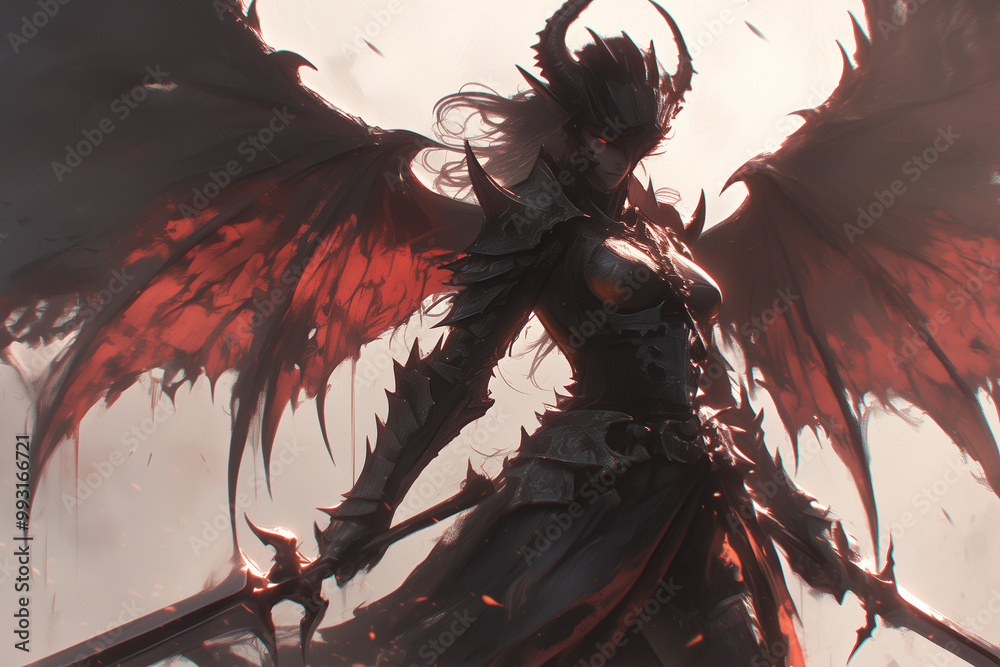 Fototapeta premium malevolent demoness brandishes her sword amidst the stormy red skies