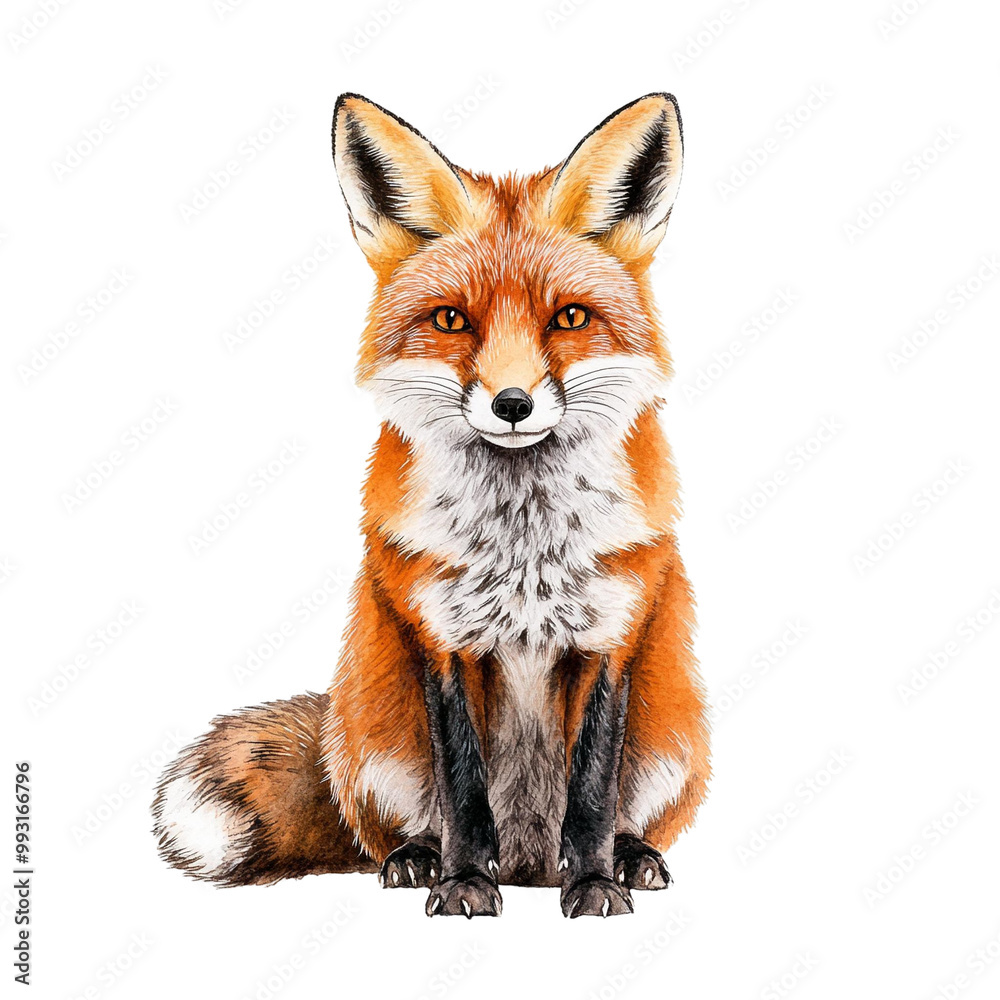 Obraz premium A realistic illustration of a fox with a vibrant orange fur coat, sitting gracefully. Ideal for wildlife and nature projects.