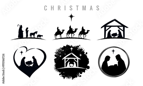 Nativity Christmas icons set, manger with baby Jesus, Joseph, Mary, shepherds and three wise men. Collection of silhouettes traditional christian characters holy night. Vector illustration photo