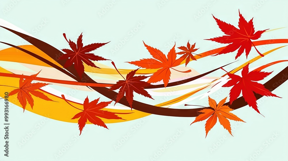 Painting of leaves on a branch against a blue sky with a half moon in the background Painting of leaves on a branch against a blue sky with a half moon in the background