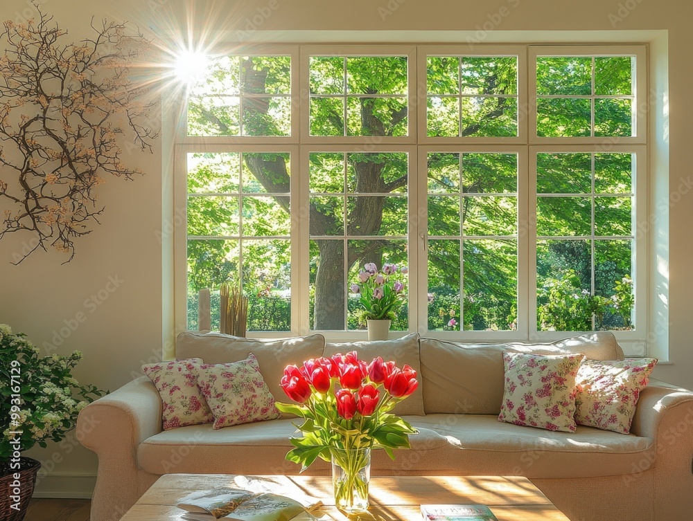 Fototapeta premium Cozy living room with a view of lush greenery and a bouquet of tulips.
