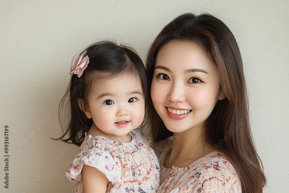 Young Chinese mother and cute daughter interacting and smiling in front of a plain background, dressed in simple Uniqlo clothes, during a family photo portrait shoot. Young Chinese mother and cute daughter interacting and smiling in front of a plain background, dressed in simple Uniqlo clothes, during a family photo portrait shoot.