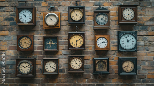 _Collection_of_vintage_clock_hanging_on_an_old