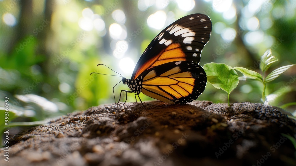A vibrant butterfly perched on a mossy log, surrounded by lush greenery and soft natural light, showcasing its distinctive orange and black wings. A vibrant butterfly perched on a mossy log, surrounded by lush greenery and soft natural light, showcasing its distinctive orange and black wings.