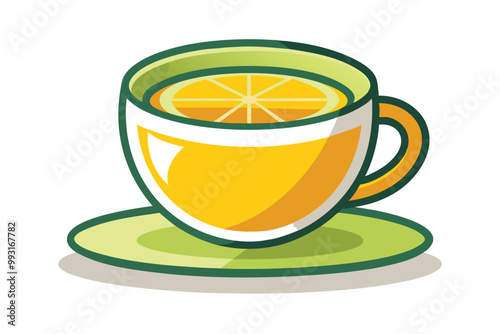 Cup of tea with lemon illustration on white background.