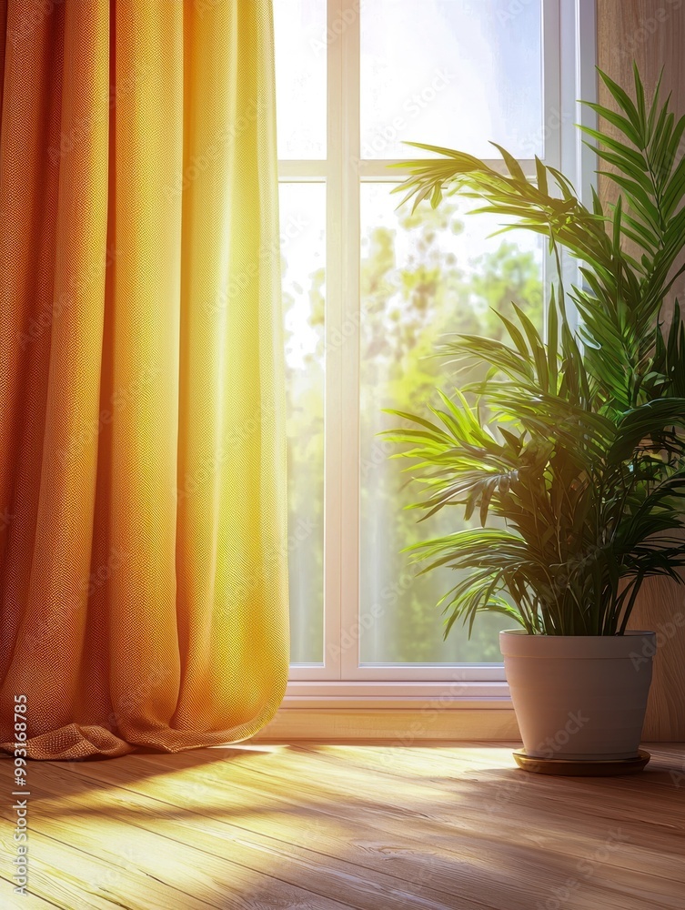 Sunlit room with golden curtains and a vibrant indoor plant. Sunlit room with golden curtains and a vibrant indoor plant.
