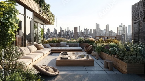 Stylish urban loft with a rooftop garden and city skyline view in the heart of a bustling city