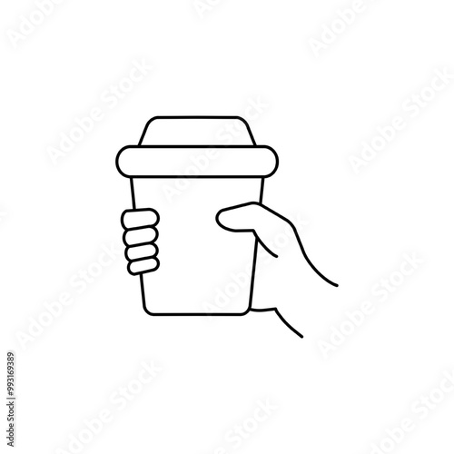 Hand holding coffee cup. Mug of coffee to takeaway. Coffee break, breakfast, hot drinks. Hand holding hot drinks. Vector illustration