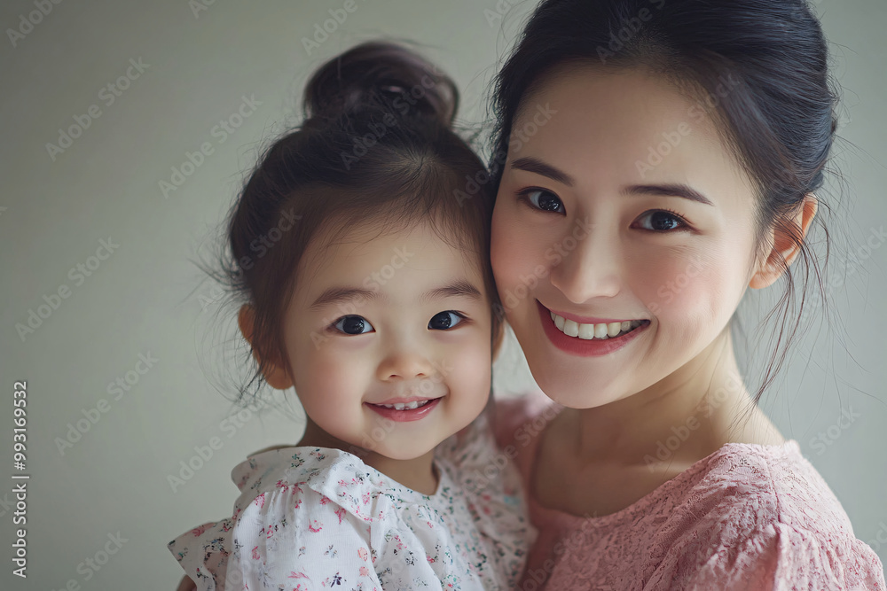 Young Chinese mother and cute daughter interacting and smiling in front of a plain background, dressed in simple Uniqlo clothes, during a family photo portrait shoot. Young Chinese mother and cute daughter interacting and smiling in front of a plain background, dressed in simple Uniqlo clothes, during a family photo portrait shoot.