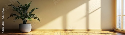 Illustration of Empty Room with Sunlight Streaming through Window, Potted Plant