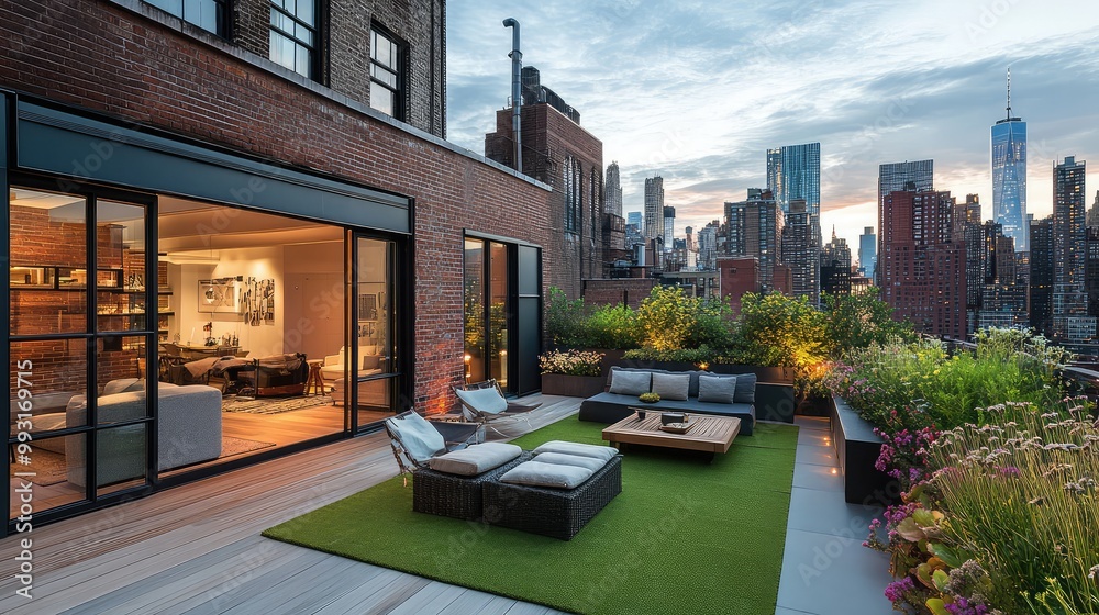 Obraz premium Stylish urban loft with a rooftop garden and city skyline view in the heart of a bustling city