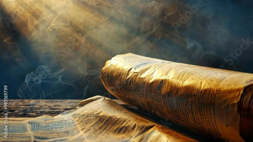Two ancient scrolls lie on a wooden table, illuminated by a bright light, with smoke swirling around them