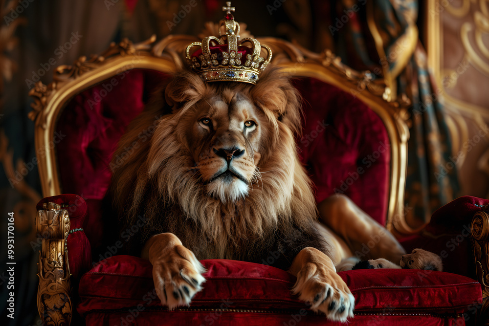 Lion King In Crown Sit On A Throne, The Wildlife Emperor, Power And Strength Ruler Concept, Red Velvet Throne Chair, Castle Background Lion King In Crown Sit On A Throne, The Wildlife Emperor, Power And Strength Ruler Concept, Red Velvet Throne Chair, Castle Background