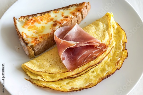 a fluffy omelette with a slice of jamon and melted cheese on top of a slice of bread photo