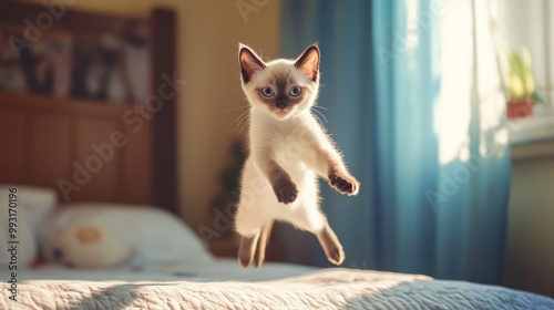 Adorable Siamese kitten jumping on a bed in a cozy, sunlit room. The playful cat captures the joy and energy of young pets.