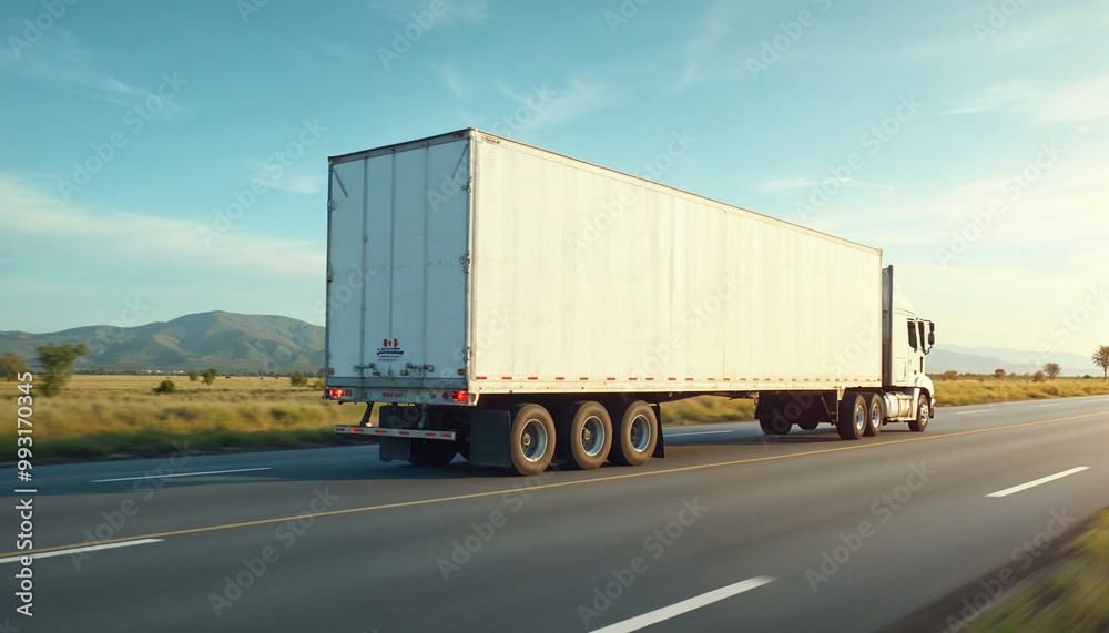 White truck on a wide U.S. highway with blank trailer ready for branding or text.
White truck on a wide U.S. highway with blank trailer ready for branding or text.