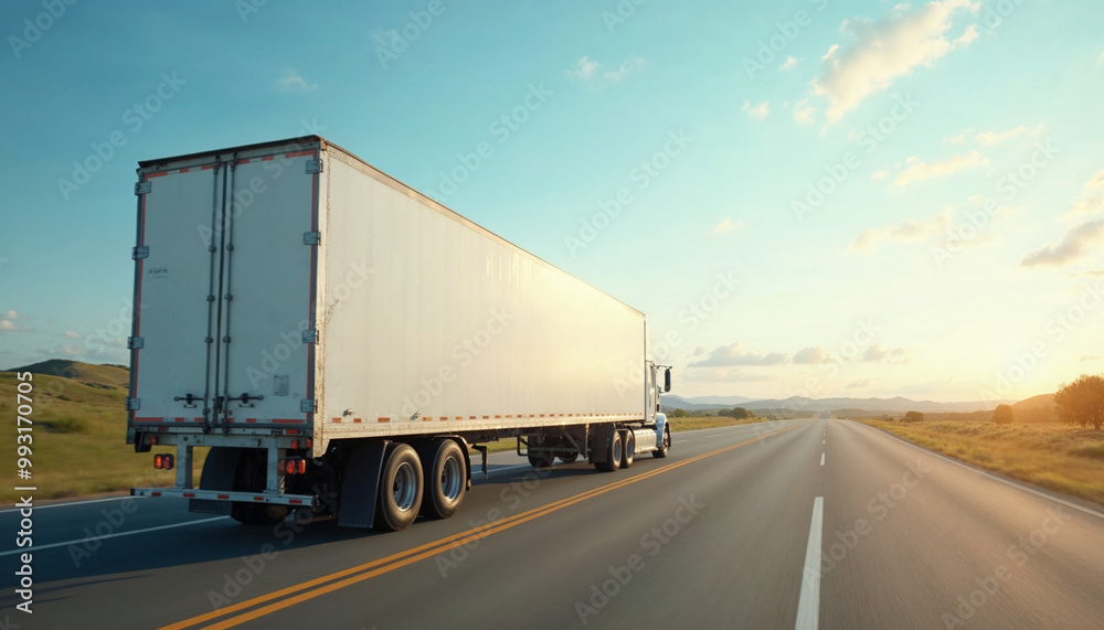 White truck on a wide U.S. highway with blank trailer ready for branding or text.
White truck on a wide U.S. highway with blank trailer ready for branding or text.