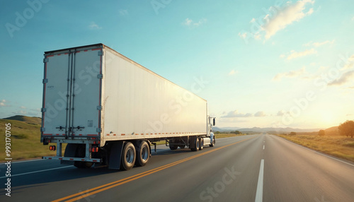 White truck on a wide U.S. highway with blank trailer ready for branding or text.






