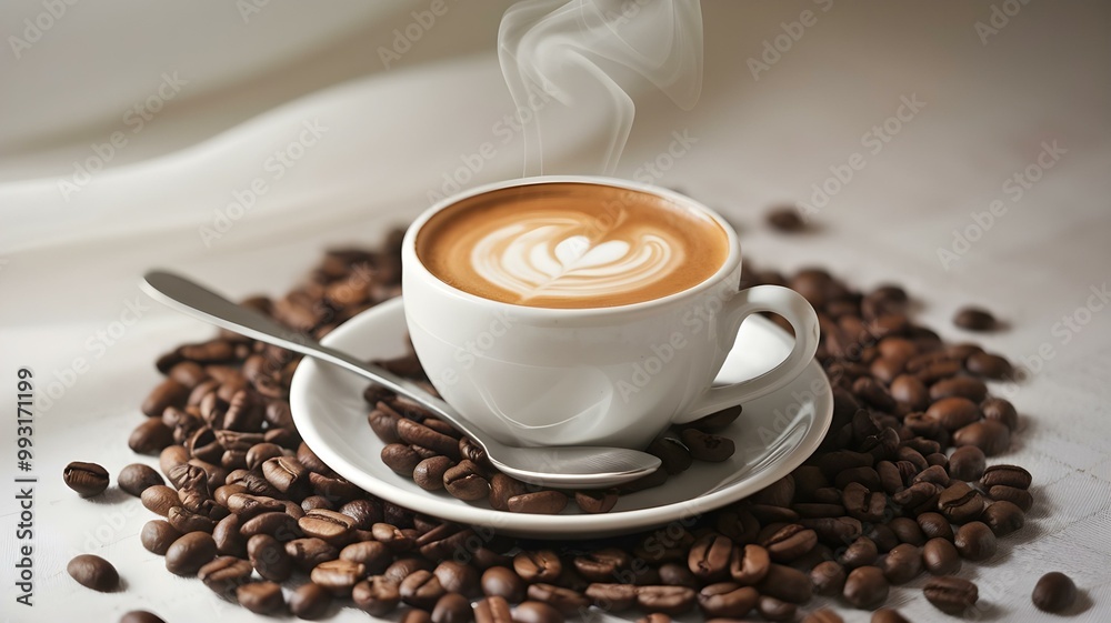 Inviting Cup of Coffee with Latte Art Surrounded by Coffee Beans, Perfect for Promoting Cafés, Coffee Shops, and Gourmet Beverage Products Inviting Cup of Coffee with Latte Art Surrounded by Coffee Beans, Perfect for Promoting Cafés, Coffee Shops, and Gourmet Beverage Products