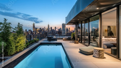 Stylish vacation home in an urban area, featuring a rooftop pool with a skyline view