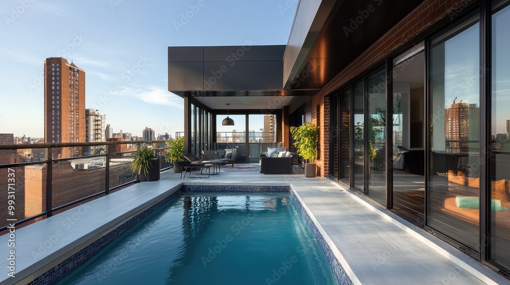 Stylish vacation home in an urban area, featuring a rooftop pool with a skyline view Stylish vacation home in an urban area, featuring a rooftop pool with a skyline view