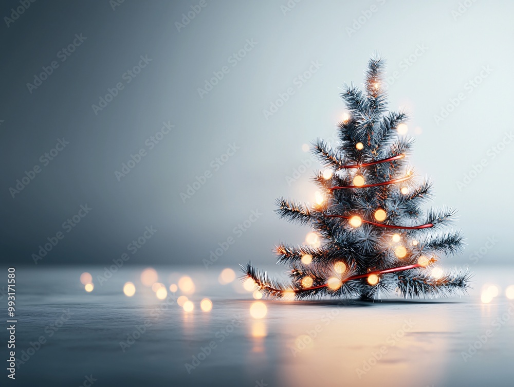 Christmas tree with red and black garland and lights, glowing warmly, 3D illustration Christmas tree with red and black garland and lights, glowing warmly, 3D illustration