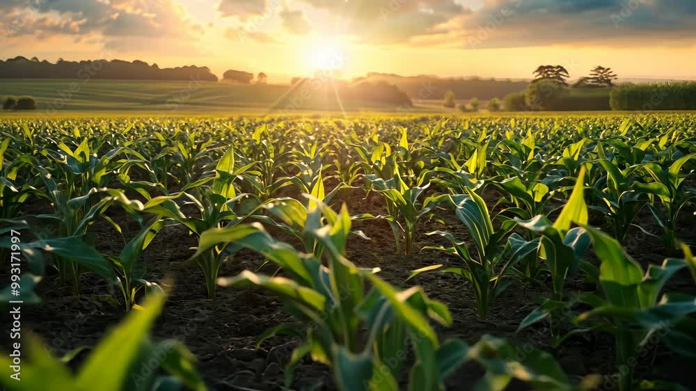 A field of corn stalks basks in the golden light of the setting sun