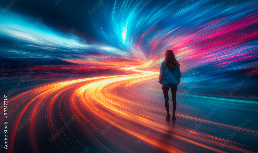 Lone figure in a tunnel of glowing lights with cosmic and ethereal atmosphere Lone figure in a tunnel of glowing lights with cosmic and ethereal atmosphere
