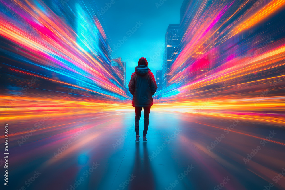 Lone figure in a tunnel of glowing lights with cosmic and ethereal atmosphere Lone figure in a tunnel of glowing lights with cosmic and ethereal atmosphere